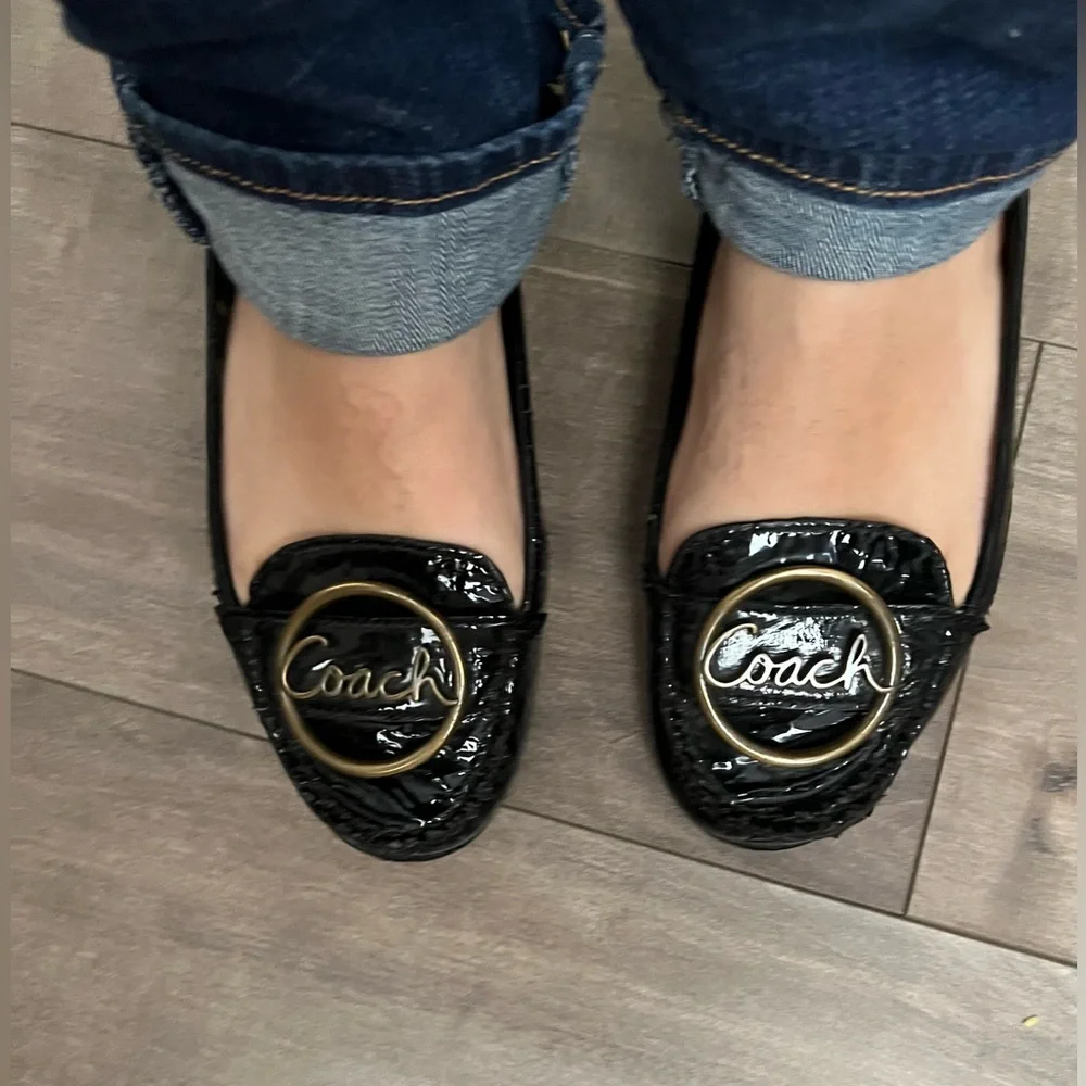 Coach Black Patent Leather Loafers with Gold Logo Medallions